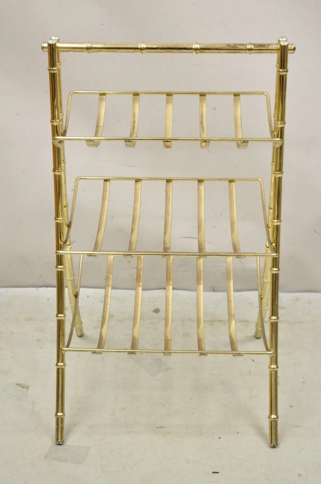 Vintage Hollywood Regency Gold Metal Faux Bamboo 3 Tier Magazine Rack Stand