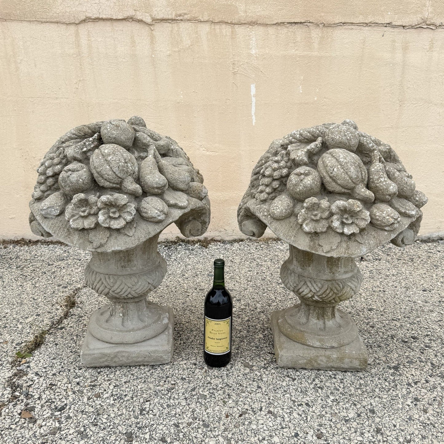 Vintage Cast Cement Stone 26" Fruit & Flower Basket Garden Lawn Ornament - Pair