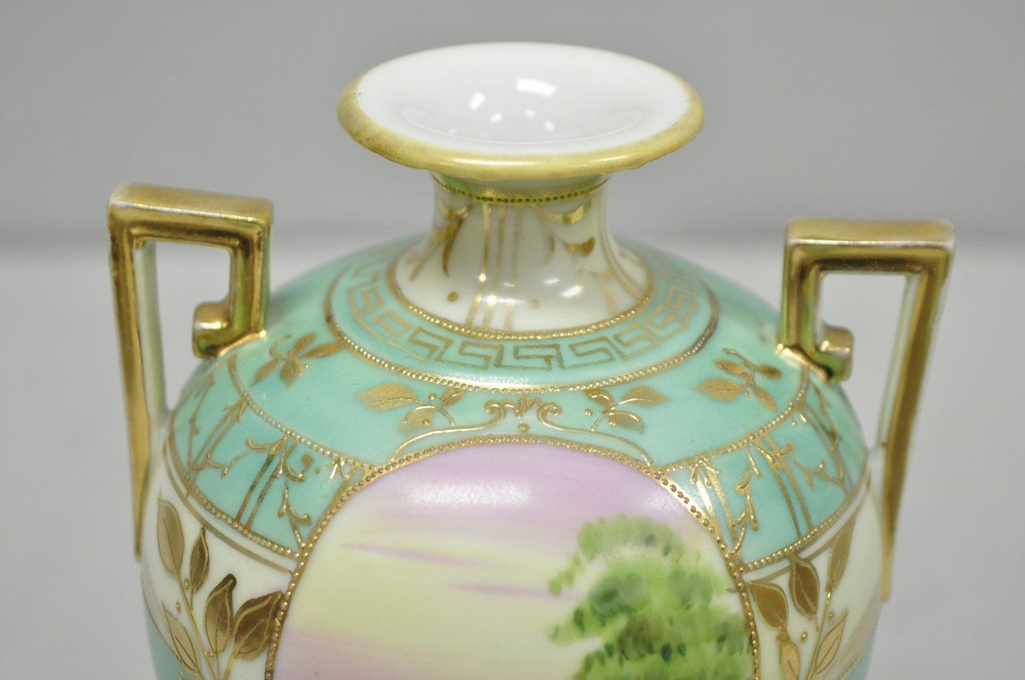 Antique Nippon Hand Painted Porcelain Windmill Scene Green Small Bolted Vase