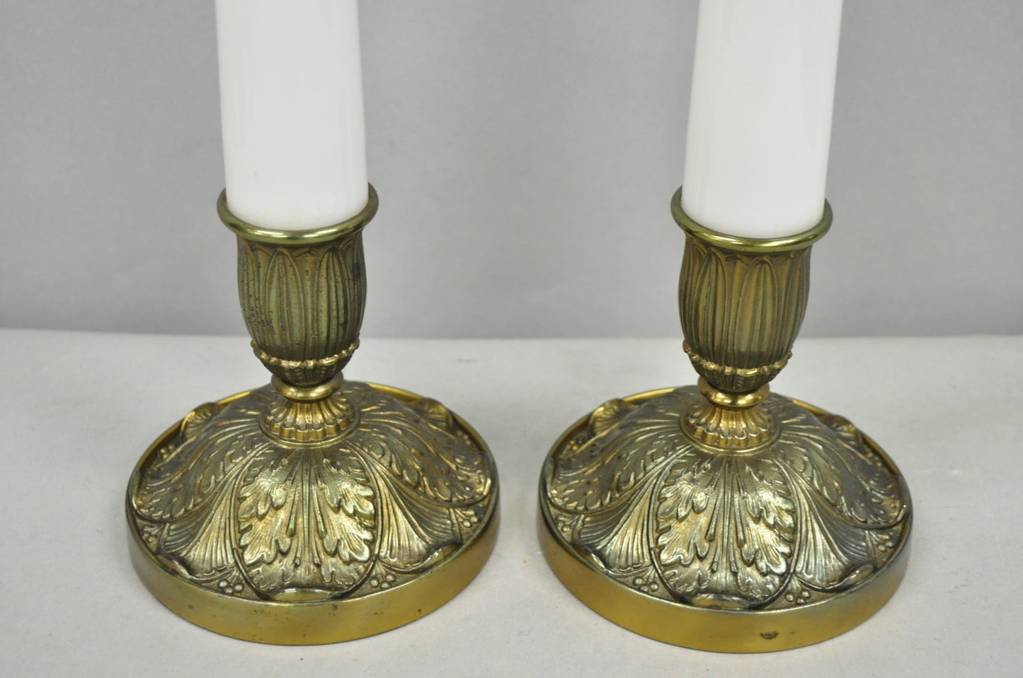Vintage Stiffel White Glass Column French Hollywood Regency Table Lamps - a Pair
