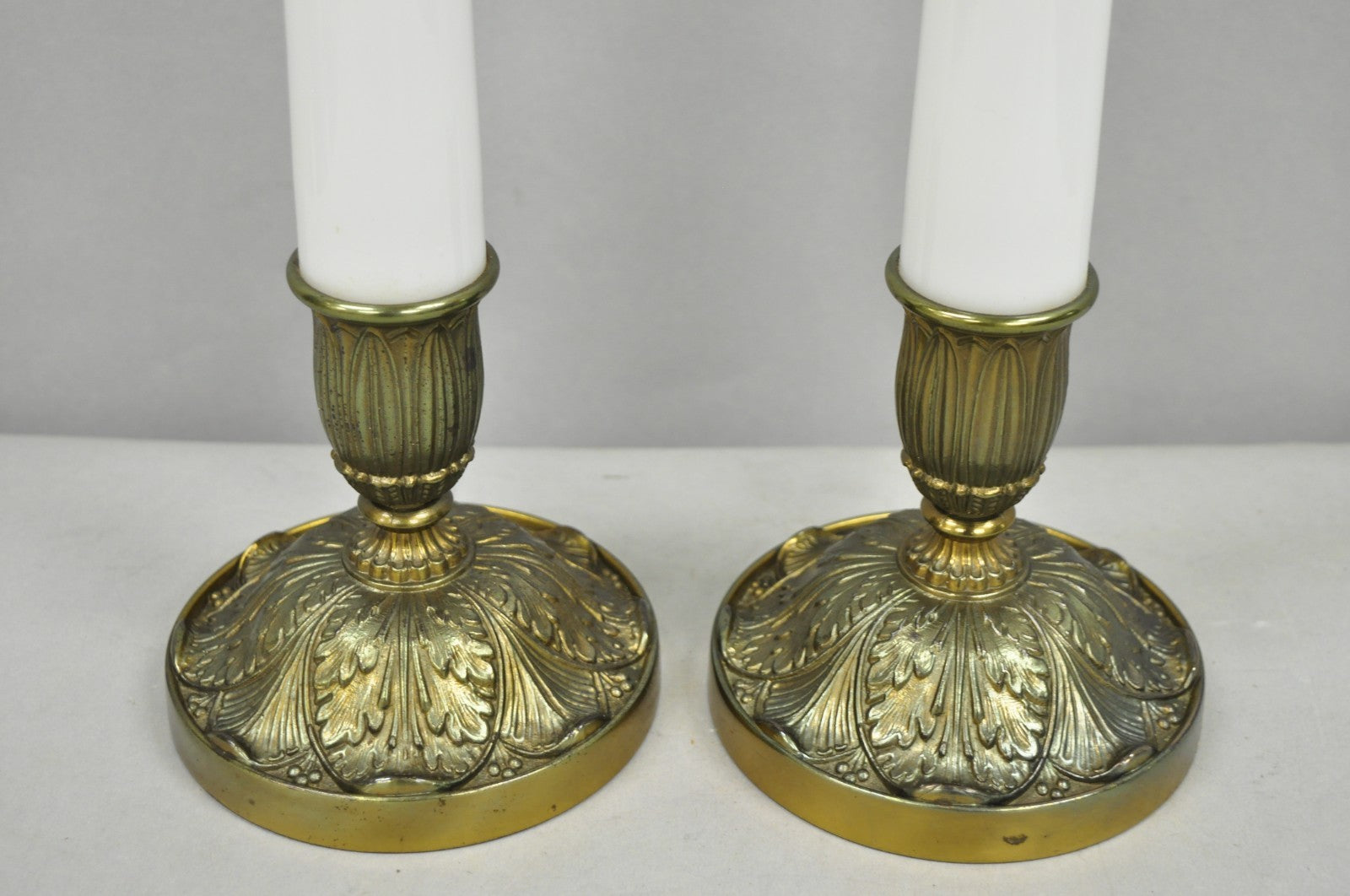 Vintage Stiffel White Glass Column French Hollywood Regency Table Lamps - a Pair