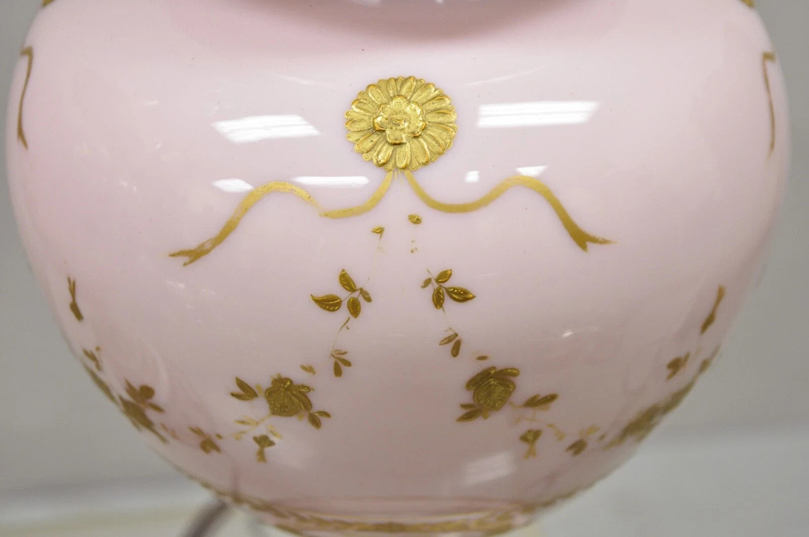 Antique French Louis XV Pink Porcelain Gold Painted Bulbous Table Lamps - a Pair