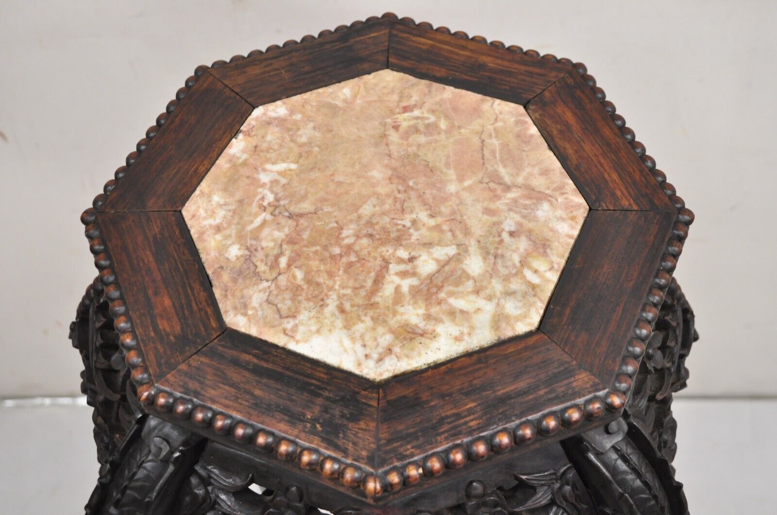 Antique Chinese Carved Hardwood Marble Top Oriental Plant Stand Side Table