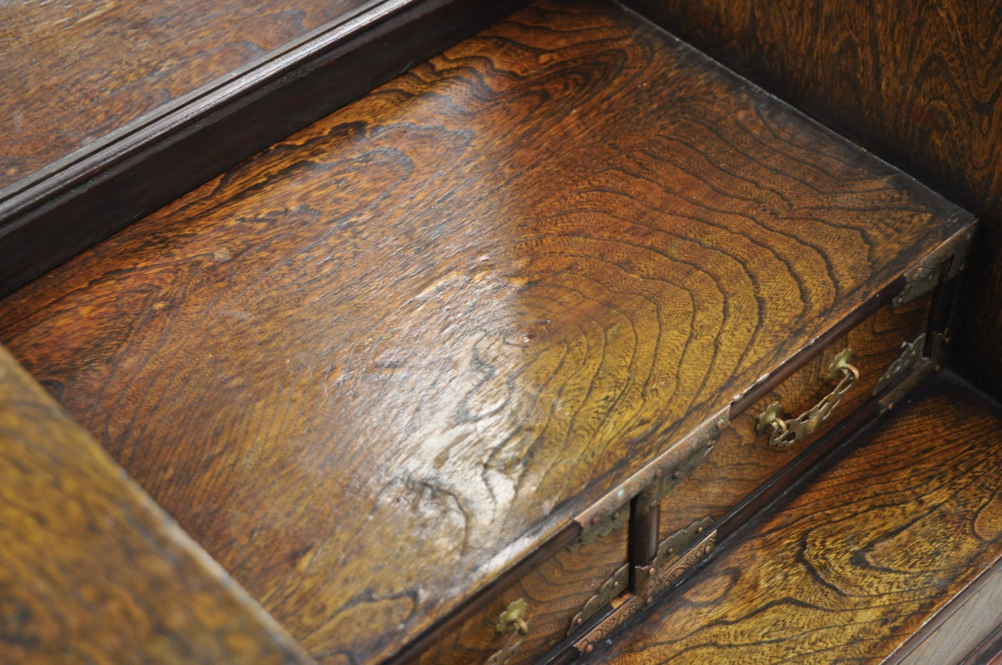Antique Japanese Wood & Brass Small Low Kyodai Vanity Dressing Table with Mirror