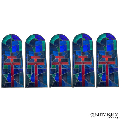 Vintage Art Deco Blue & Red Leaded Stained Glass Arched Window w/ Cross - 5 Pcs