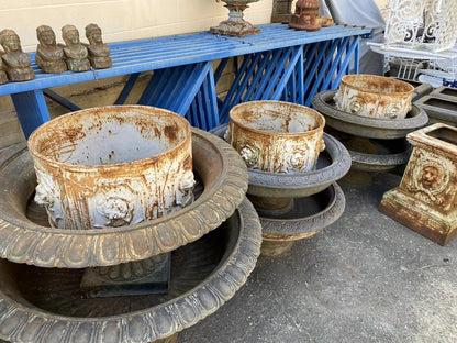 Vintage English Regency Cast Iron 20" Round Lion Heads White Garden Planter Pot