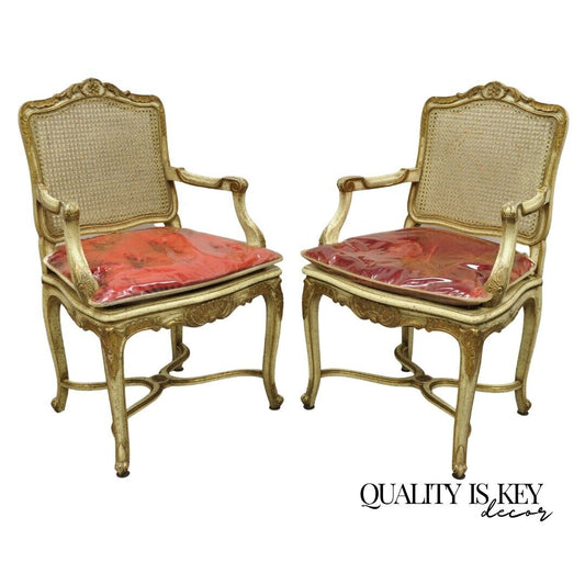 French Louis XV Style Cream Painted Carved Wood Cane Fauteuil Arm Chairs - Pair