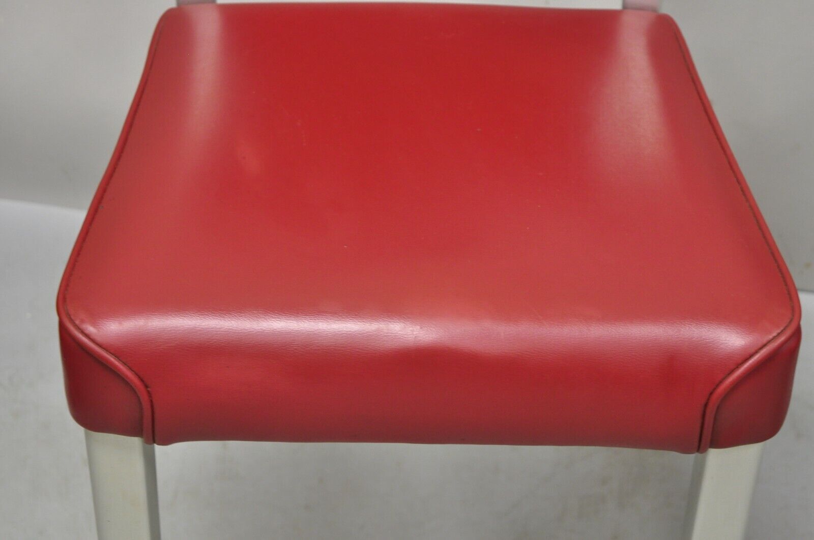 Vintage Brushed Aluminum Red Upholstered Emeco Navy Style Side Chairs -  a Pair