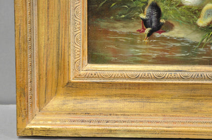 Vintage Traditional Oil on Canvas Wood Frame "Duck Family" Art Signed Borofsky