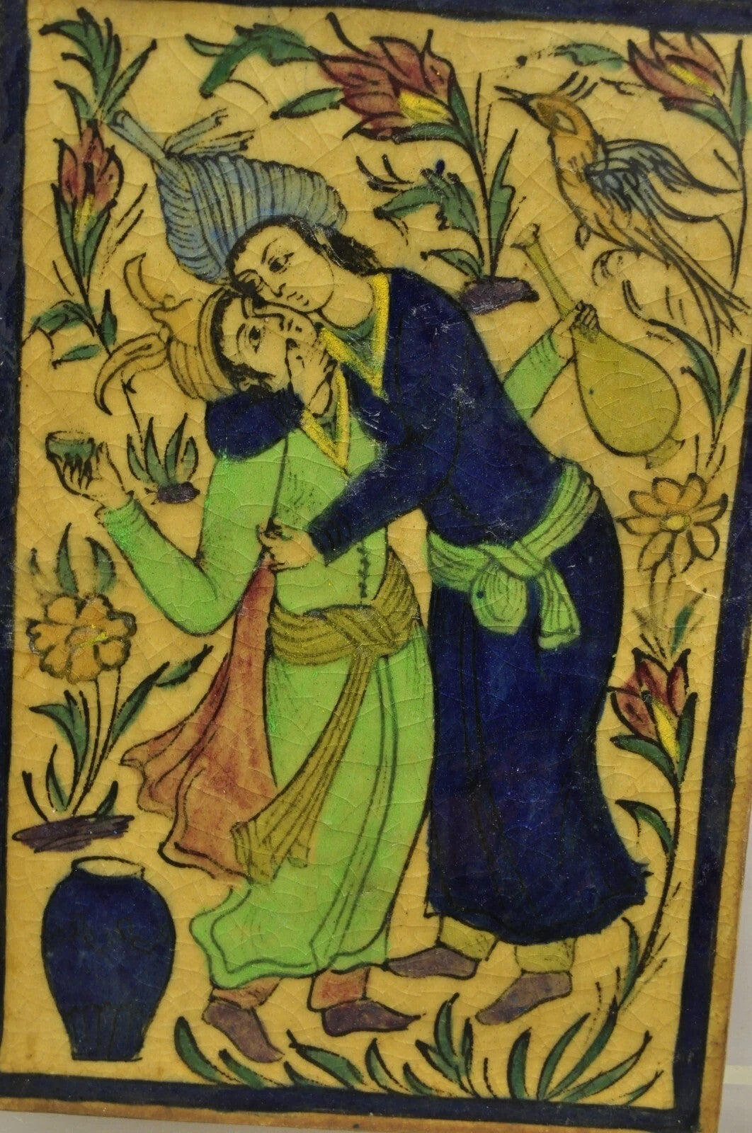 Antique Persian Iznik Qajar Style Ceramic Pottery Tile Blue Man Woman Kissing C2