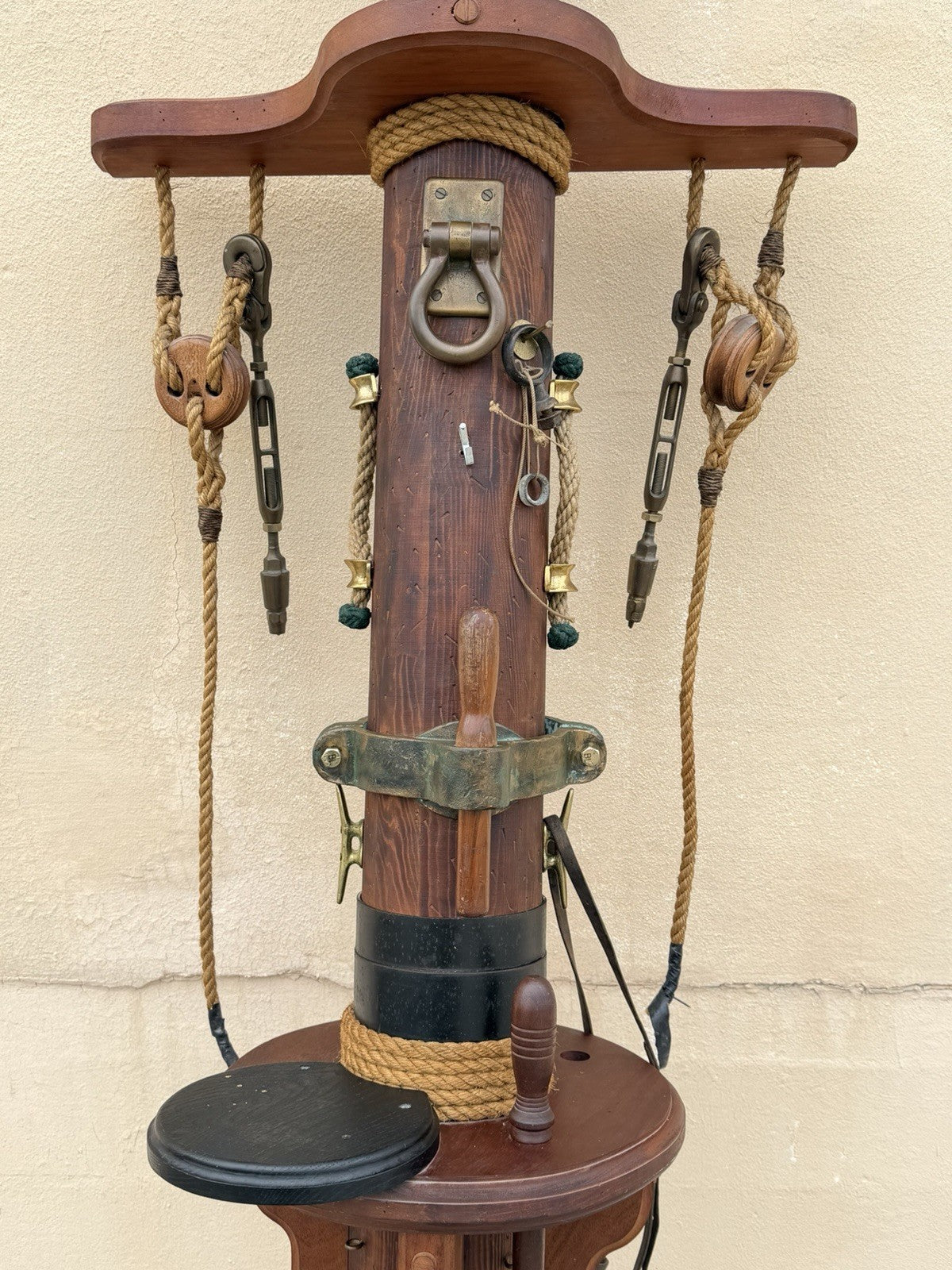 Vintage Custom Nautical Wood 95" Ship Mast Mancave Bar Island w Pulley & Ropes