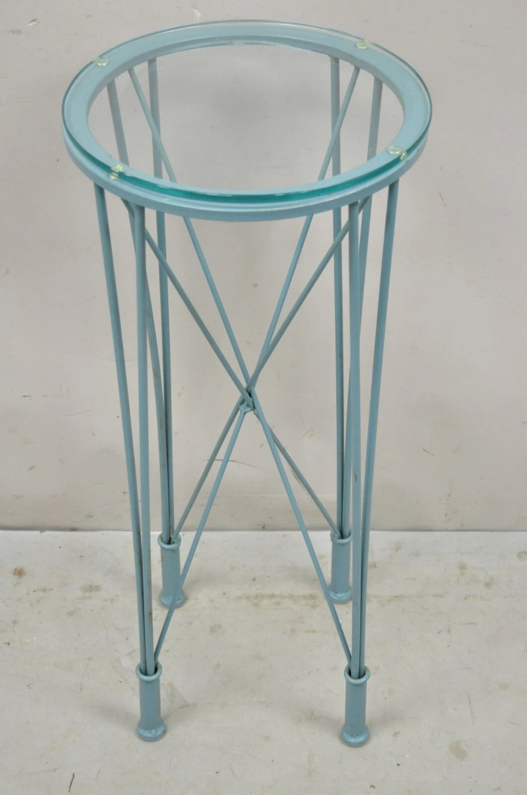 Postmodern Blue Wrought Iron "Skyscraper" Glass Top Pedestal Stand Side Table
