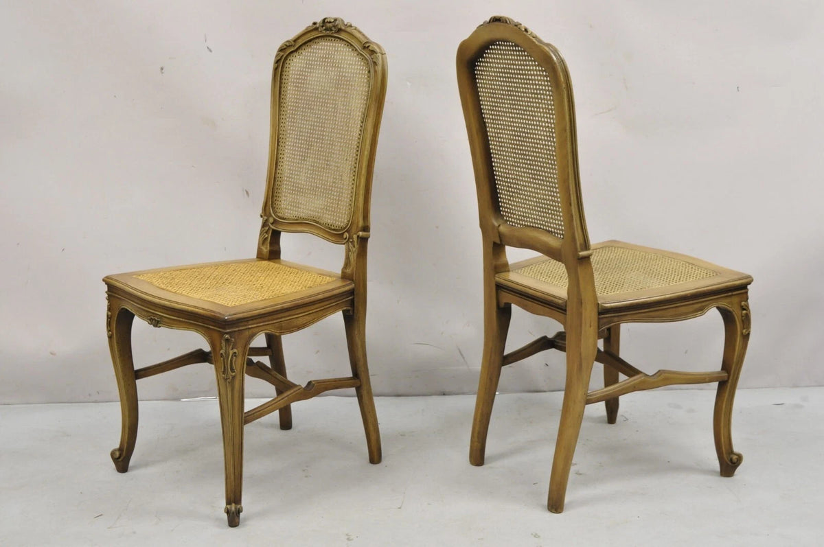 Antique French Provincial Louis XV Style Carved Walnut Cane Side Chair - a Pair