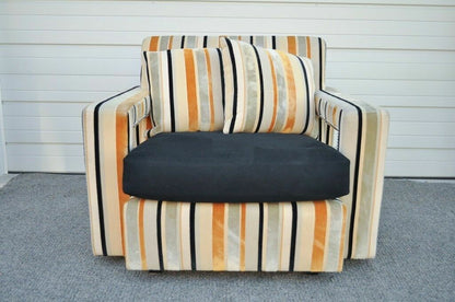 Large Hollywood Regency Modern Striped Upholstered Lounge Club Movie Arm Chair