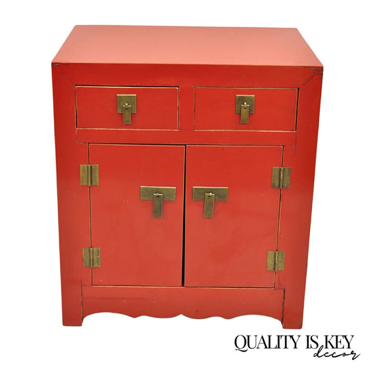 Oriental Chinoiserie Red Lacquer Chinese Ming Style Two Door Hall Cabinet