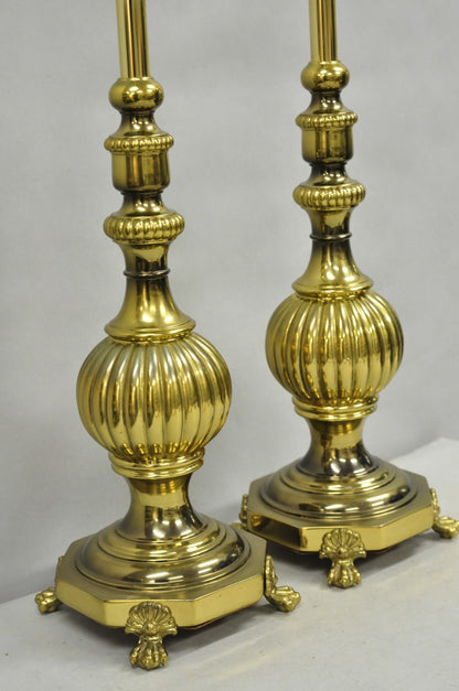 Vintage French Empire Style Burnished Brass Column Paw Foot Table Lamps - a Pair