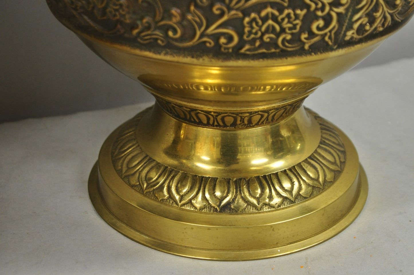 Vintage Brass Chinese Jardinière Elephant Handle Oriental Table Lamps - a Pair