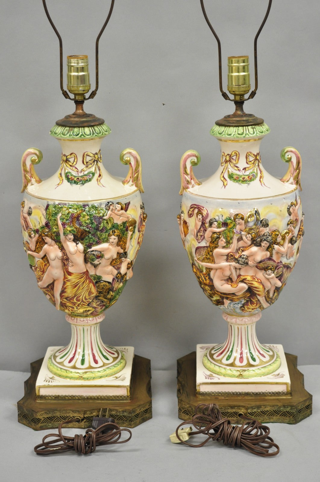 Antique Italian Capodimonte Ceramic Porcelain Figural Urn Table Lamps - a Pair