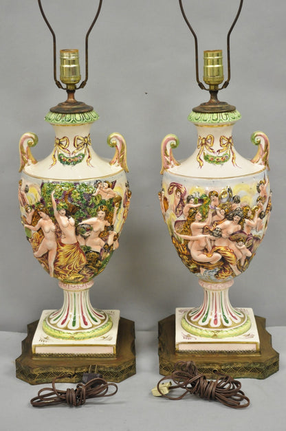 Antique Italian Capodimonte Ceramic Porcelain Figural Urn Table Lamps - a Pair