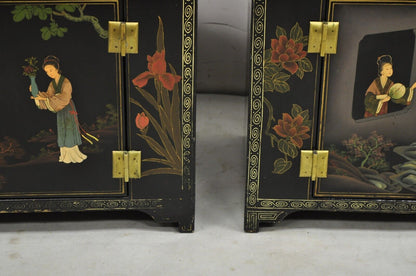 Vintage Chinese Oriental Small Asian Black Lacquer Painted Cabinets -  a Pair