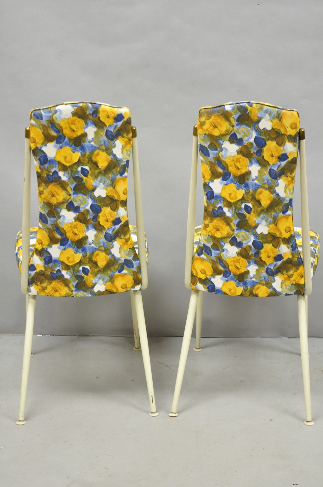 Vintage Retro Atomic Era Metal Kitchen Dining Chairs w/ Blue Yellow Flowers Pair