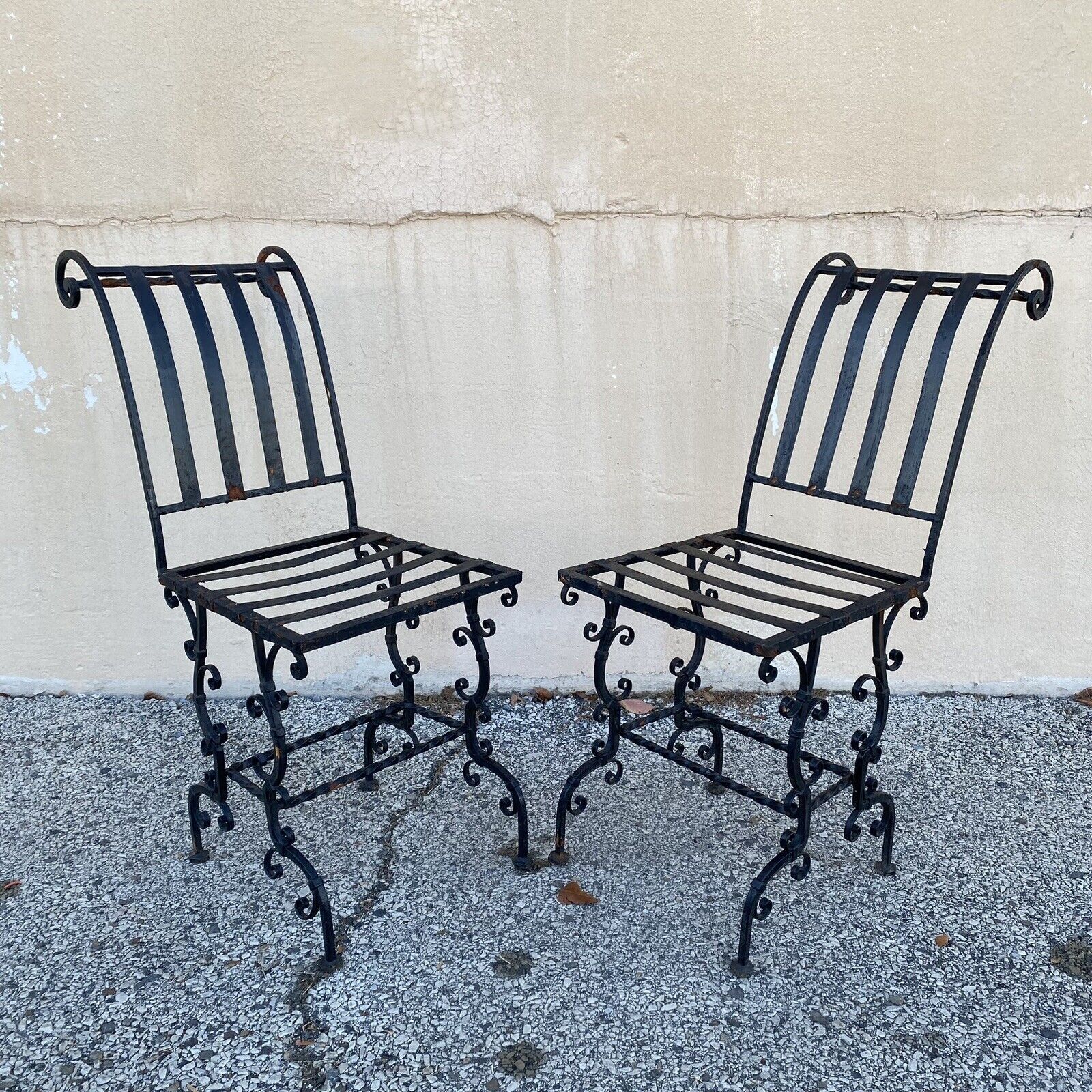 Antique French Art Nouveau Scrolling Iron Garden Patio Side Chairs - Set of 4