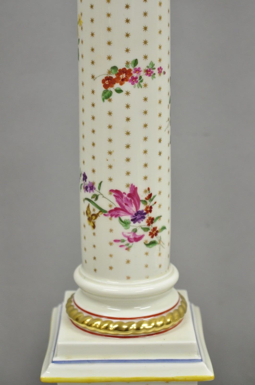 Vintage Victorian French Porcelain Column Table Lamps w Painted Flowers - a Pair
