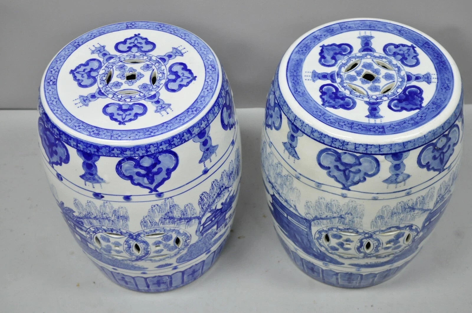Vintage Chinese Oriental Blue & White Porcelain Garden Drum Seat Table - a Pair