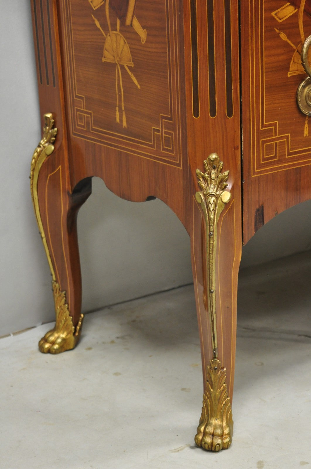 Vintage French Louis XV Style Marquetry Inlay Marble Top Commode Dresser Chest