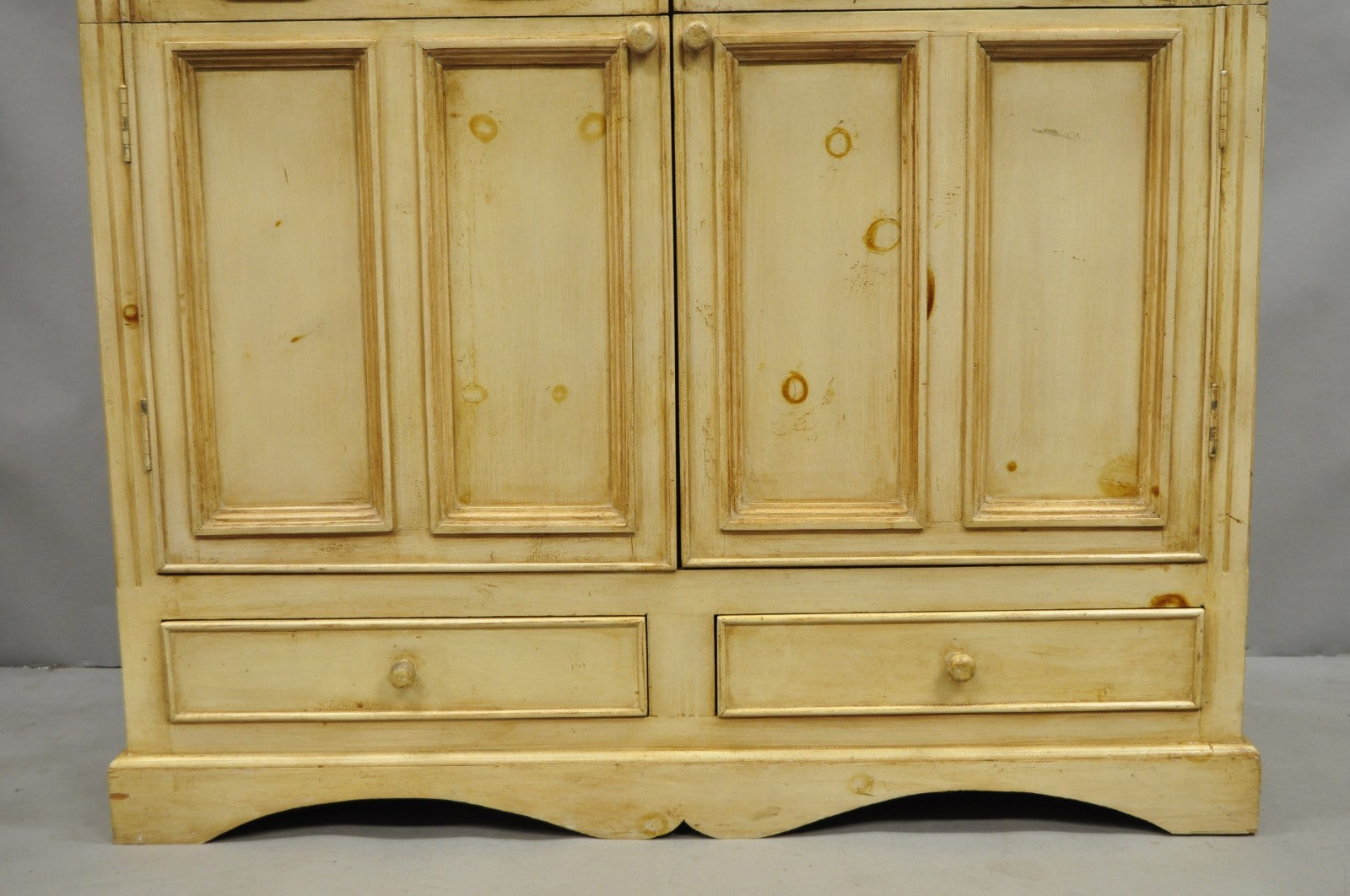 French Country Provincial Distressed Knotty Pine Wood 2 Part Cupboard Cabinet