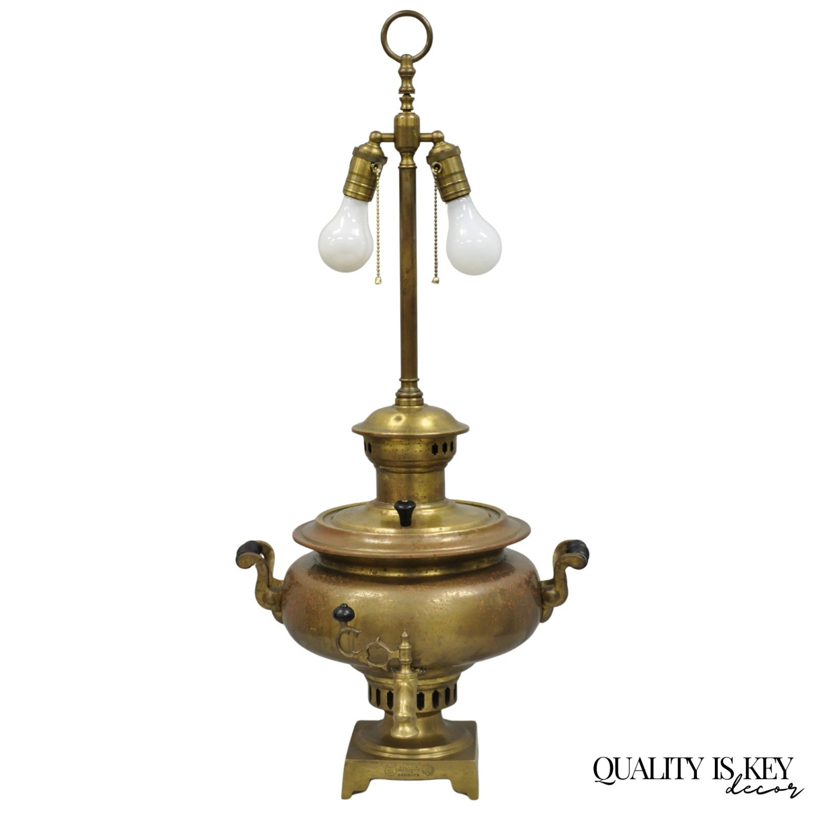 Antique Victorian Russian Brass Samovar Converted Twin Handle Table Lamp