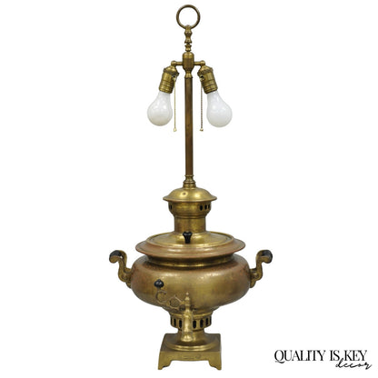 Antique Victorian Russian Brass Samovar Converted Twin Handle Table Lamp