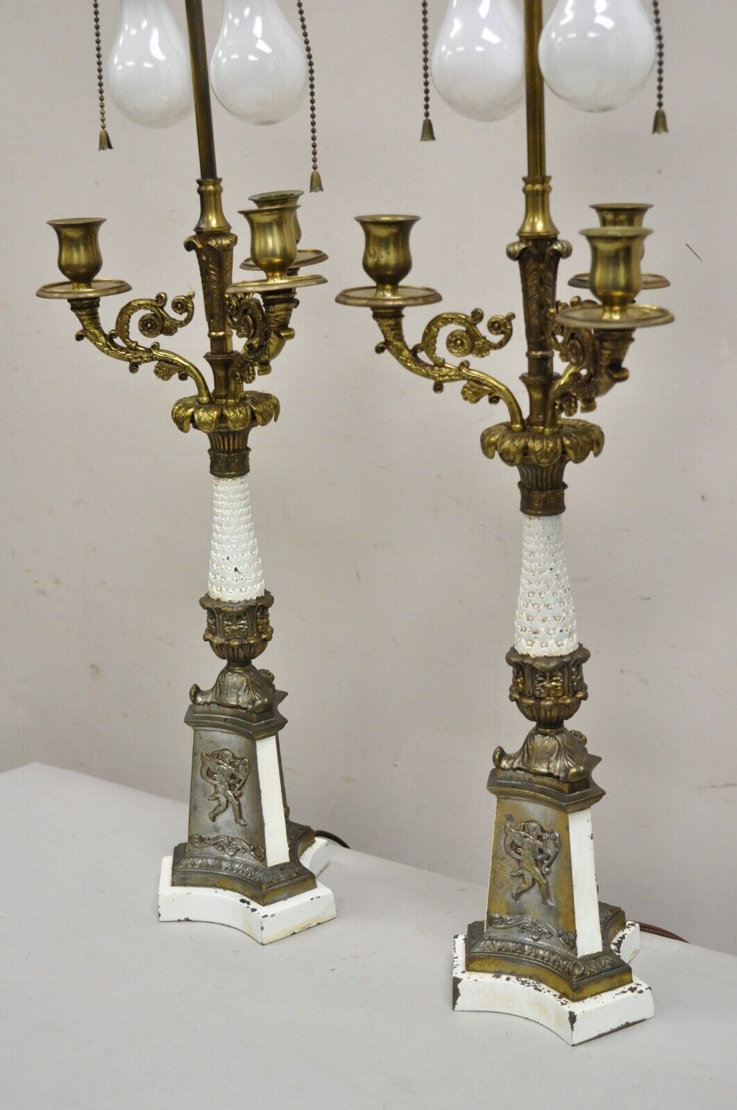 Vintage French Empire Style Candlestick Candelabra Brass Table Lamps - a Pair