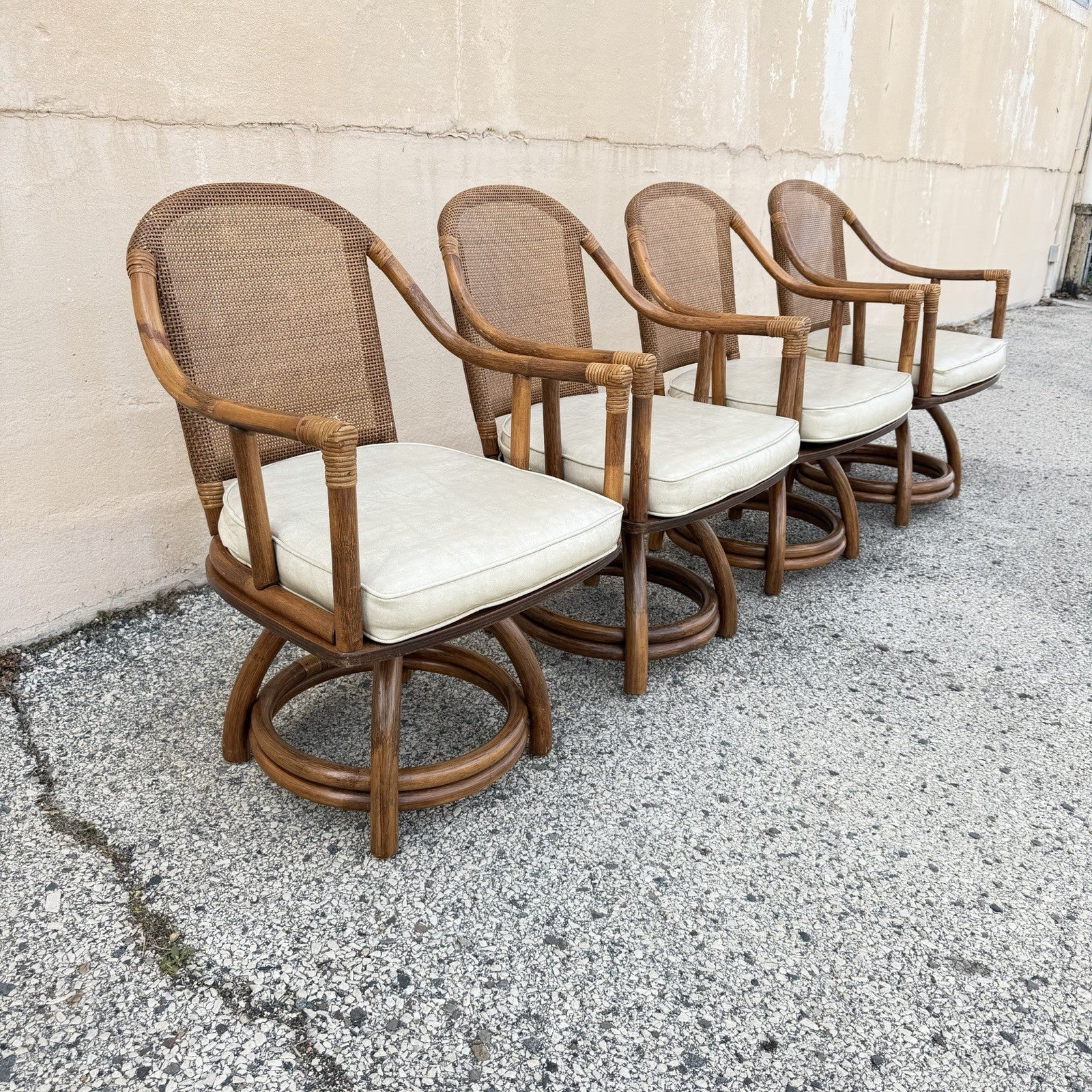 Vintage Hollywood Regency Bentwood Rattan Bamboo Swivel Chair Dining Set - 5 Pcs