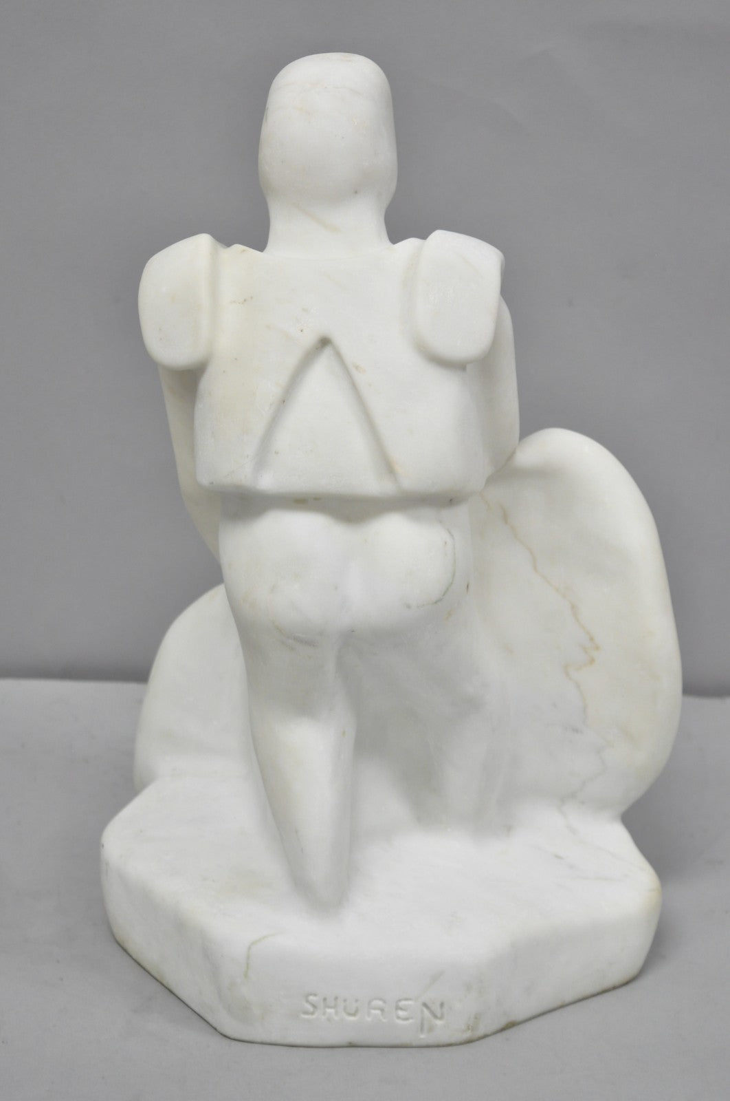 Vintage Seymour Shuren Modern White Carved Marble Male Soldier Figure Sculpture