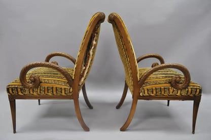 Grosfeld House Hollywood Regency Mahogany Plume Feather Carved Arm Chairs - Pair