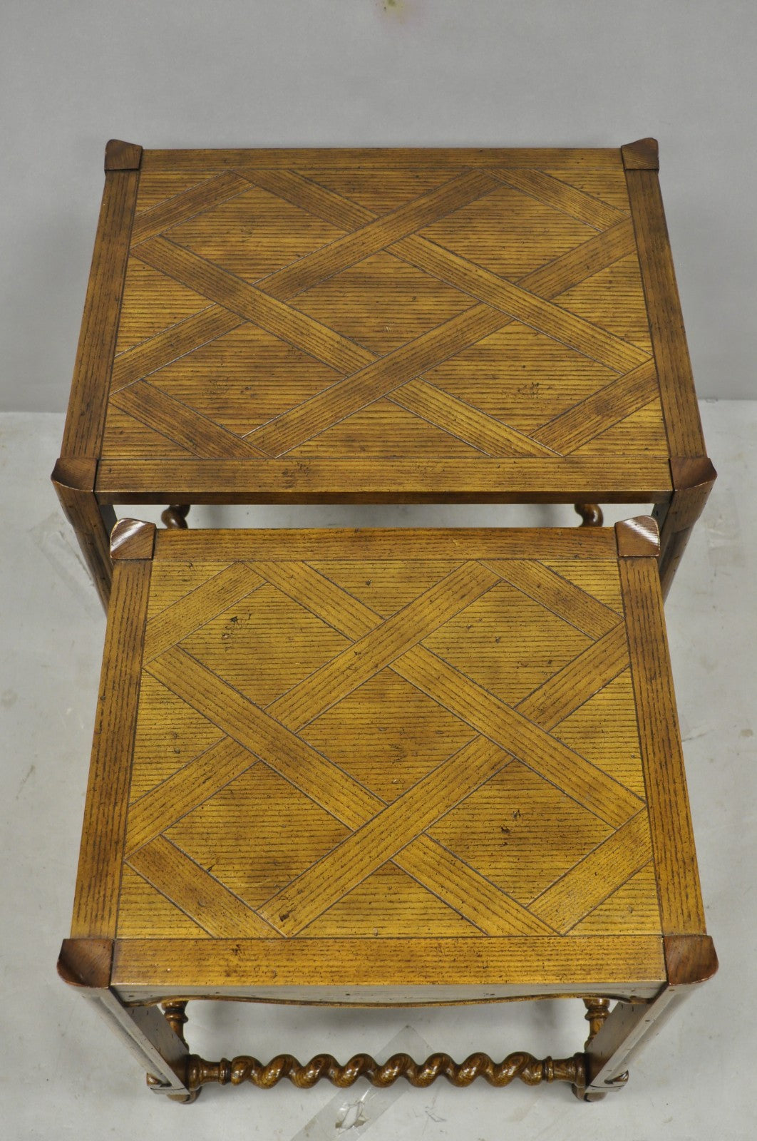Vintage Baker Barley Twist Oak Parquetry Inlay Nesting Step Lamp Side Tables