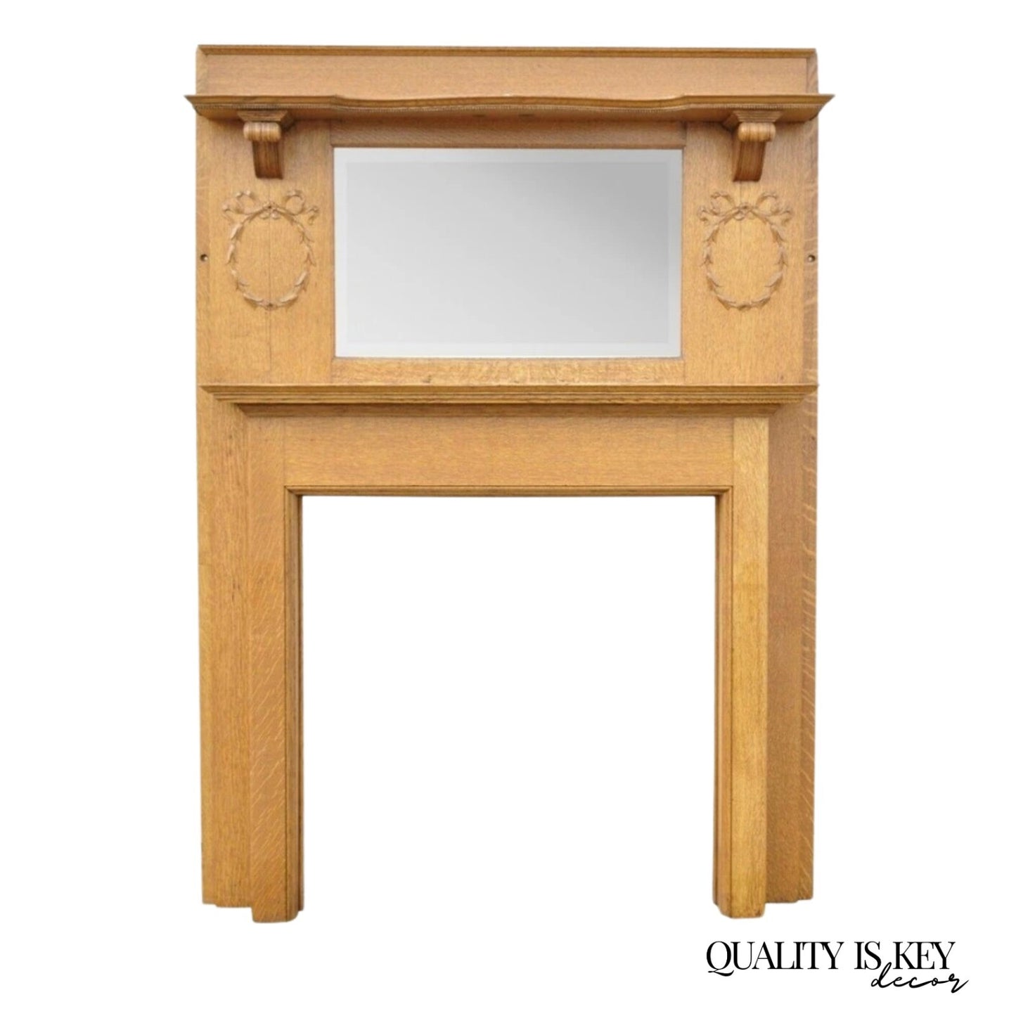 Antique American Victorian Golden Oak Wood Fireplace Mantel With Beveled Mirror