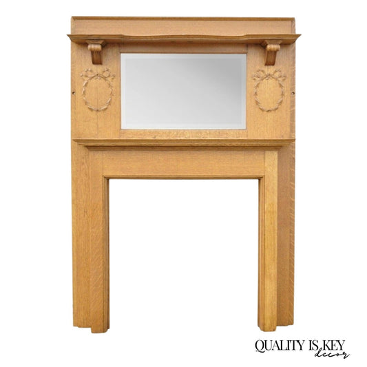Antique American Victorian Golden Oak Wood Fireplace Mantel With Beveled Mirror