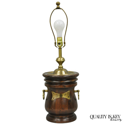 Vintage Frederick Cooper Colonial Style Solid Pine Wood Barrel Brass Table Lamp