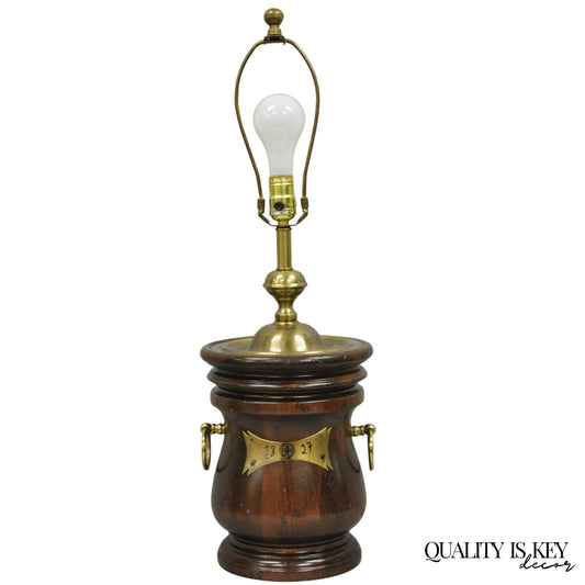 Vintage Frederick Cooper Colonial Style Solid Pine Wood Barrel Brass Table Lamp