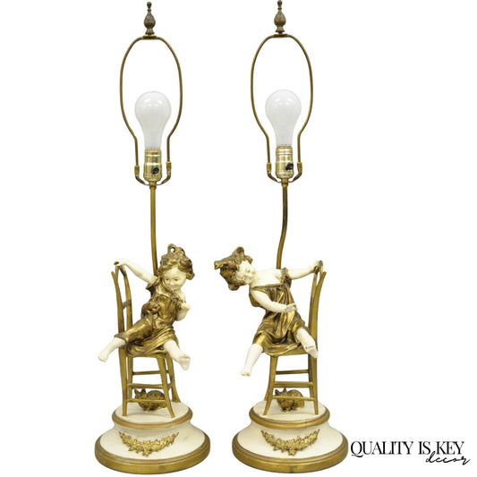 Juan Clara "Girl on Chair Playing with Kittens" Metal Figural Table Lamps - Pair