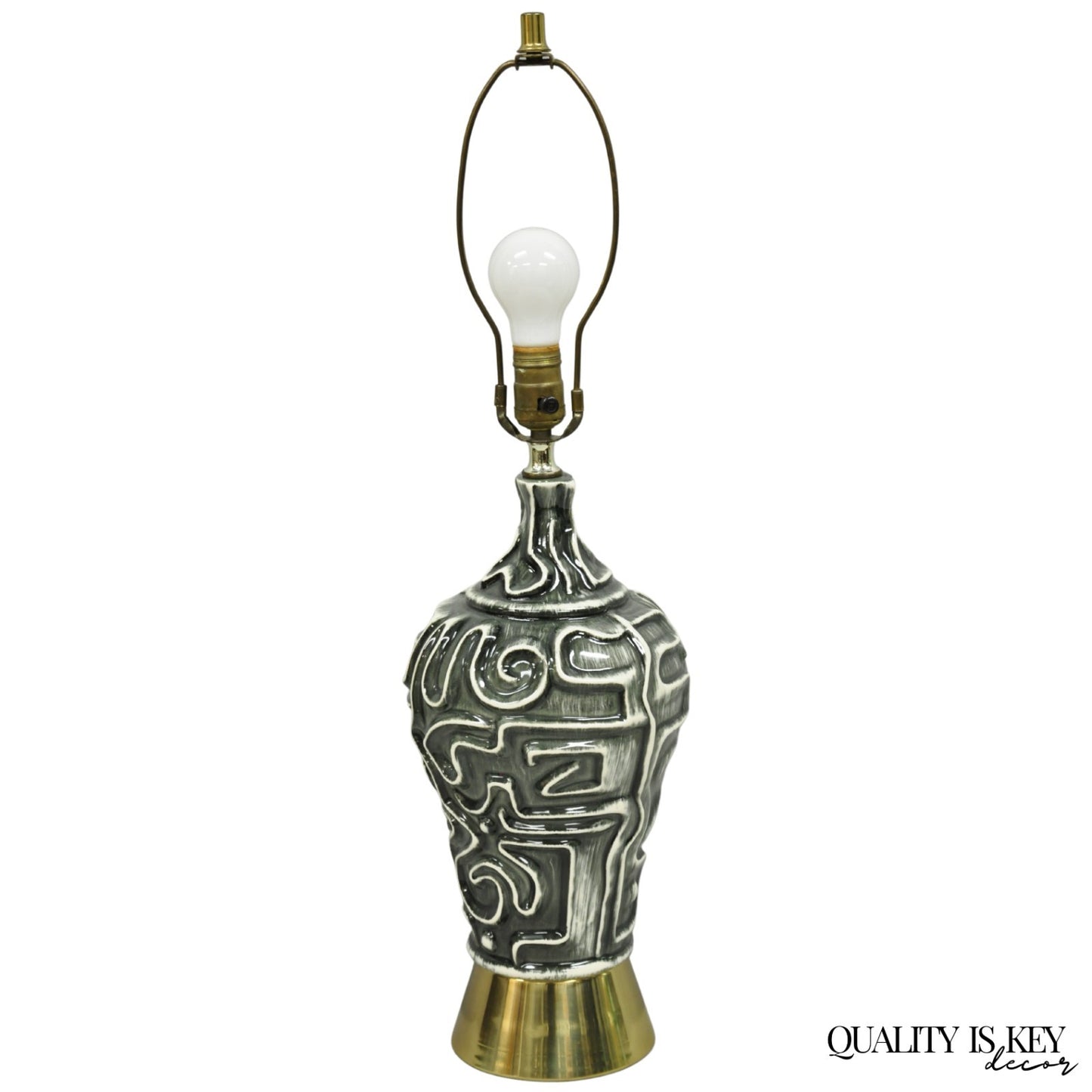Vintage Mid Century Modern Grey Glazed Ceramic Geometric Aztec Brass Table Lamp