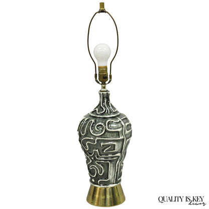 Vintage Mid Century Modern Grey Glazed Ceramic Geometric Aztec Brass Table Lamp
