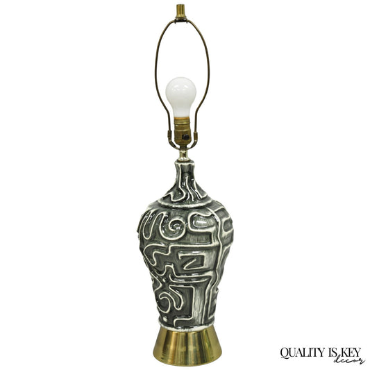 Vintage Mid Century Modern Grey Glazed Ceramic Geometric Aztec Brass Table Lamp