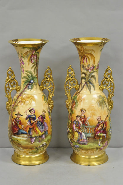 Antique Chinoiserie French Porcelain Hand Painted Orientalist Large Vases - Pair