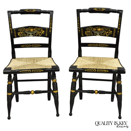 Vintage Nichols & Stone Hitchcock Harvest Stencil Painted Black Side Chair Pair