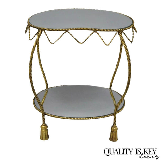 Italian Hollywood Regency Gold Rope & Tassel Kidney Shape Mirror Top Side Table