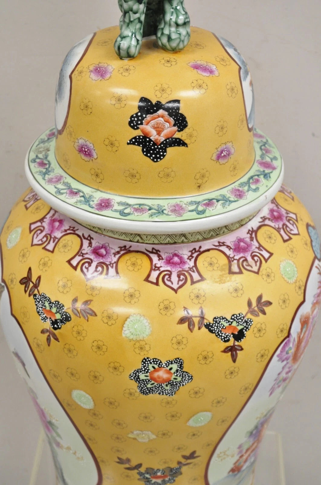 Vintage Chinese Porcelain Large Foo Dog Covered Temple Urns Ginger Jars - a Pair