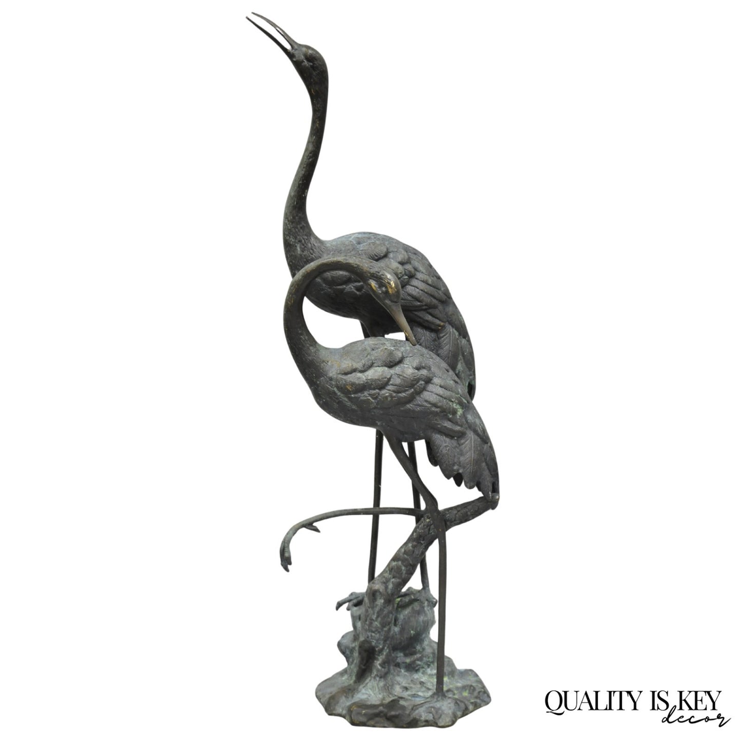 Vintage Chinoiserie "Courting Crane Couple" Green Bronze Verdigris 28" Sculpture
